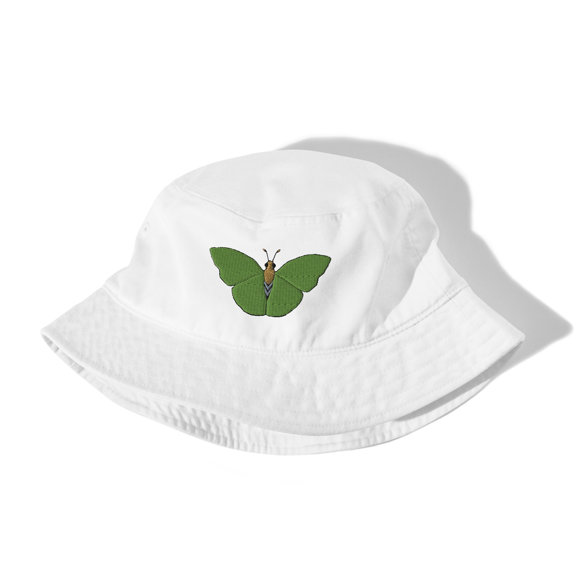 Organic Bucket Hat – Embroidered Green Butterfly | Eco-Friendly